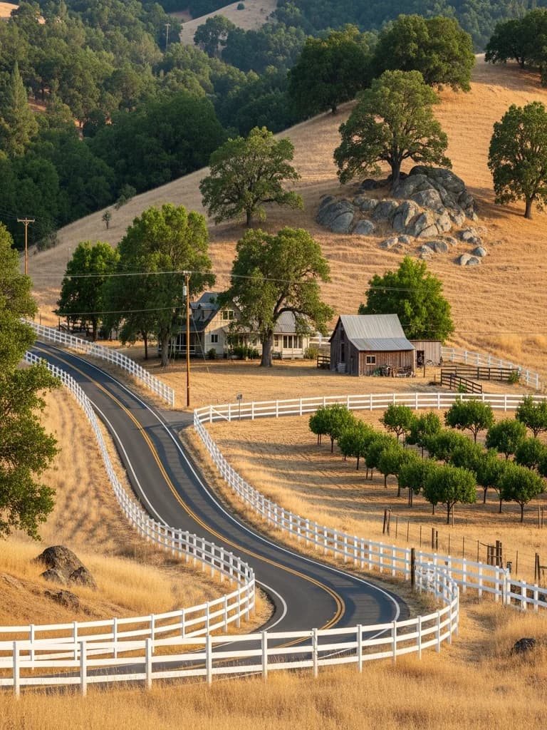 Terraced foothill orchards above Newcastle in Placer County at golden hour
