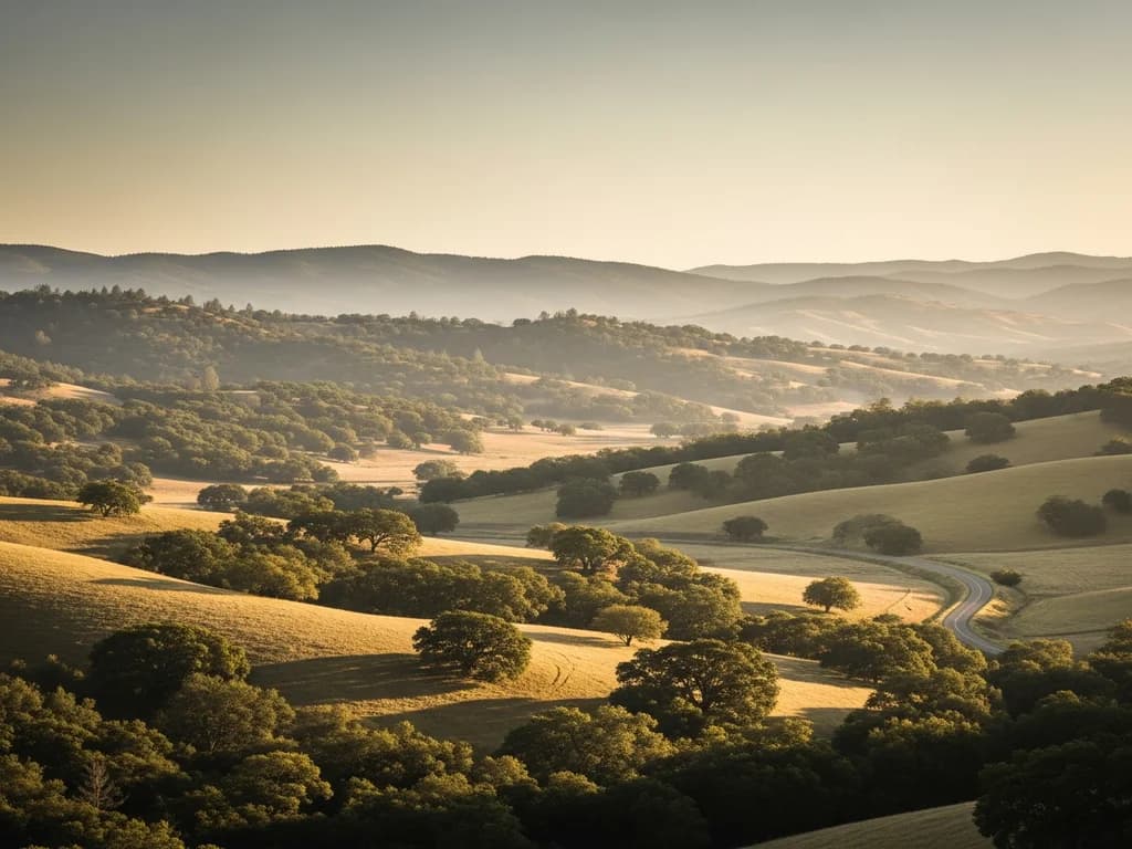 Oak-studded rolling hills of the Placer County foothills at golden hour