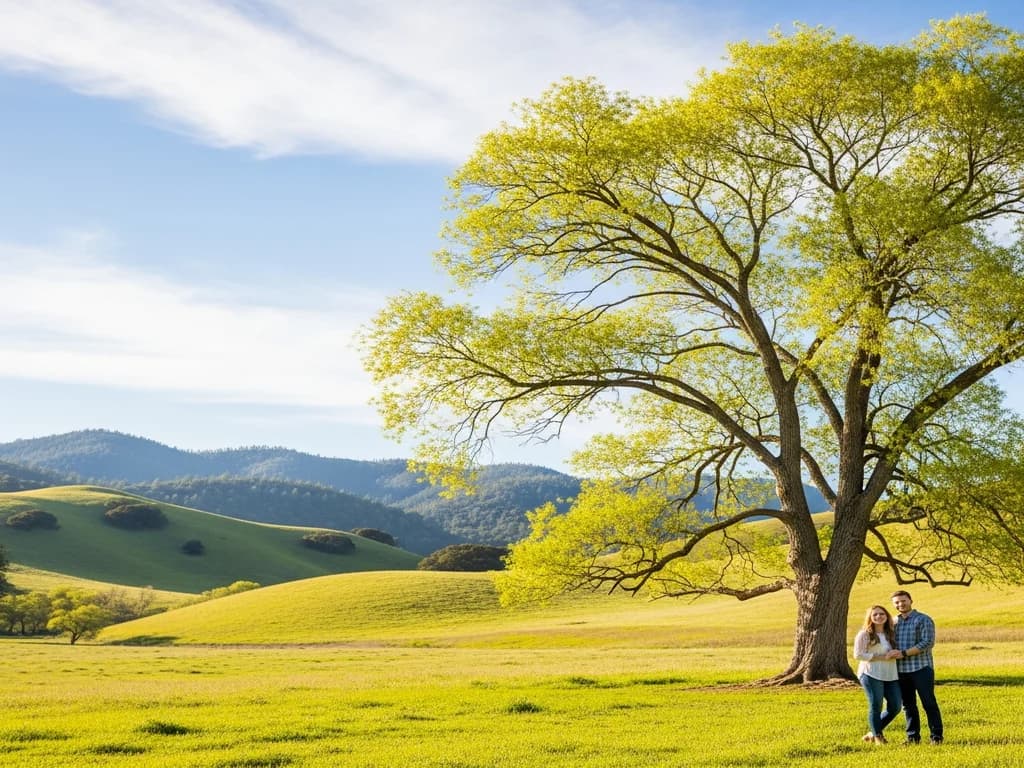 A willow tree in an open meadow in the California foothills, with a couple standing beneath it
