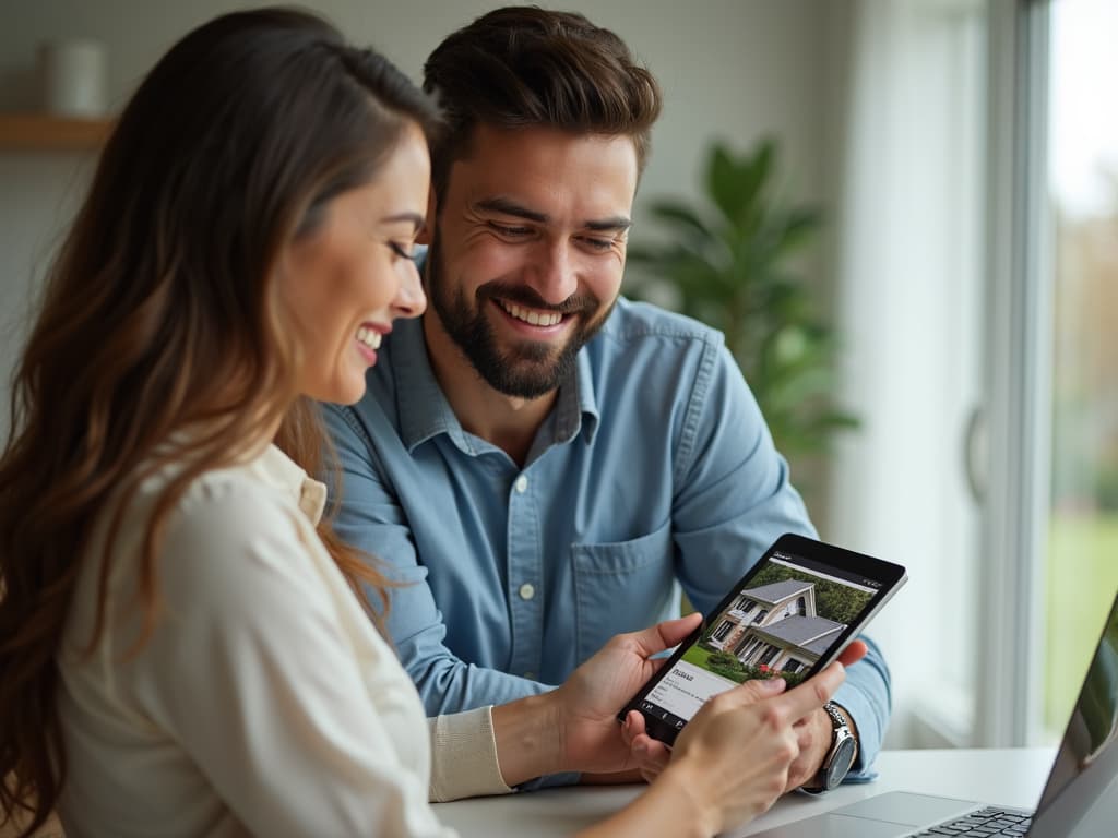 A couple reviewing property listings together on a tablet at home