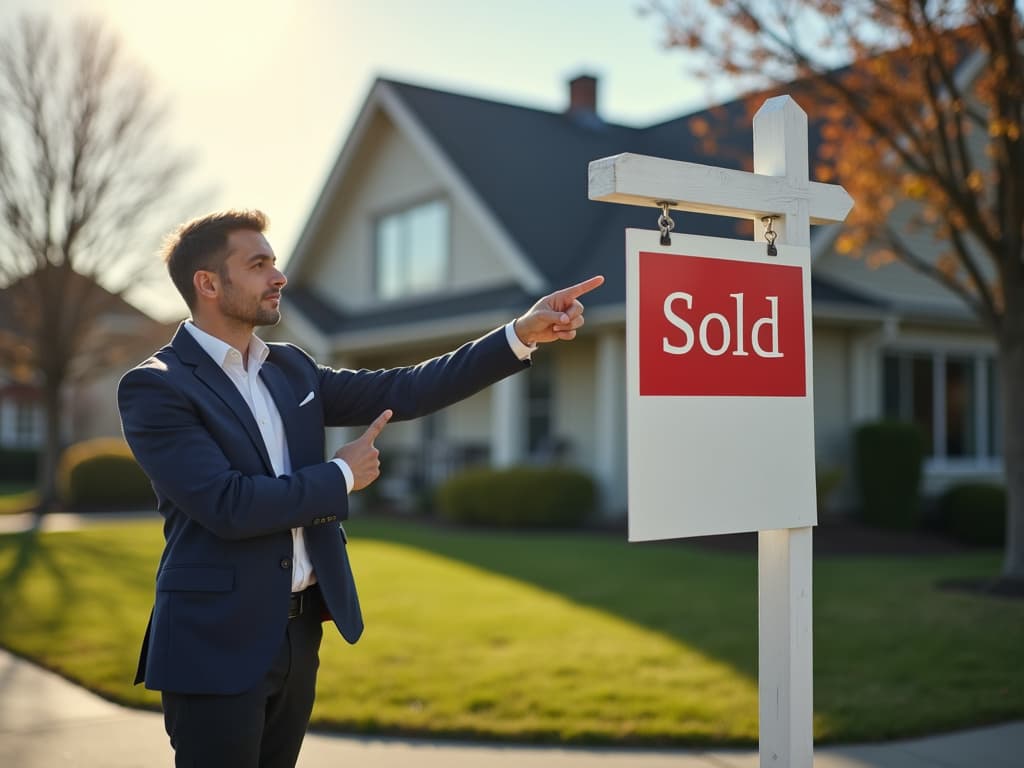 A real estate agent beside a sold sign in front of a listed home